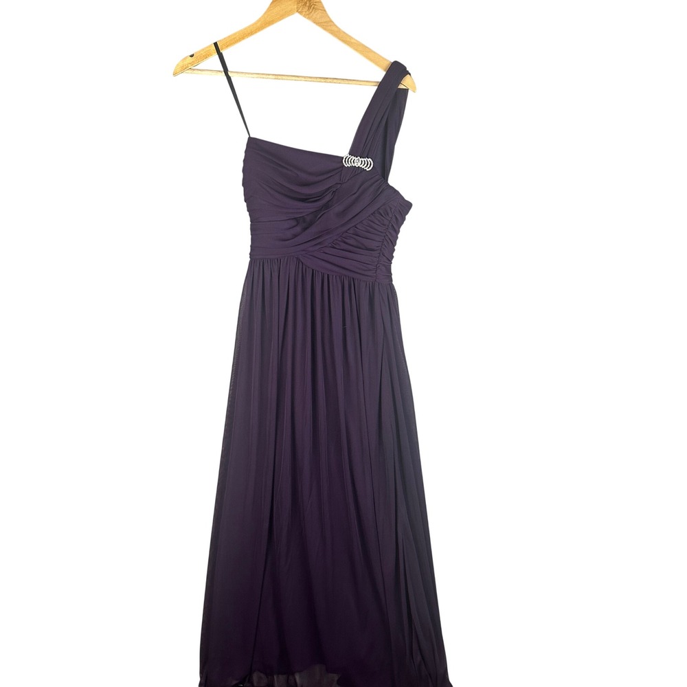 Betsy & Adam Purple One Shoulder Gown Ruched Rhinestone Brooch Dress Sz 6 Prom